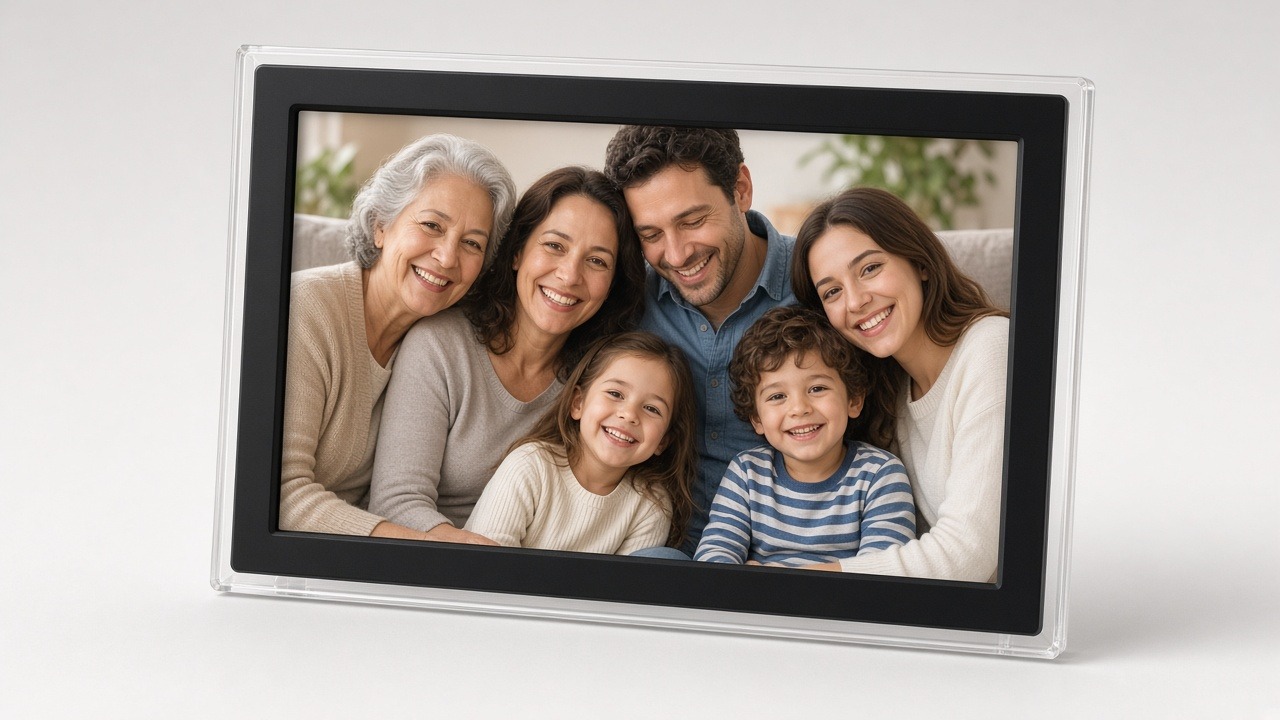 Digital photo frame displaying a smiling multi-generational family — grandparents through young grandchildren